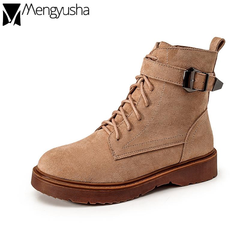 

Boots Riding Brown Botines Woman Buckle Belt Booties 2021 Cross-tied Winter Plush British Platform Large Size Ankle Snow Botas, Black