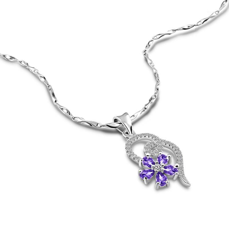 

Sterling Silver Necklace Bauhinia Pendant Design Purple Zircon Inlay Girl Glamour Jewelry Accessories Bijoux Chains