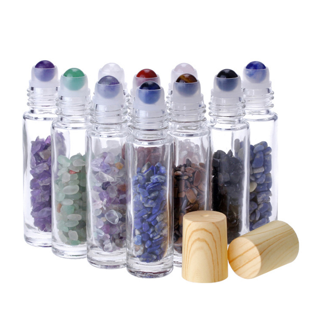 

10ML Clear Glass Roll on Perfume Bottles with Crushed Natural Crystal Quartz Stone Crystal Roller Ball Wood Grain Cap 10 Colors