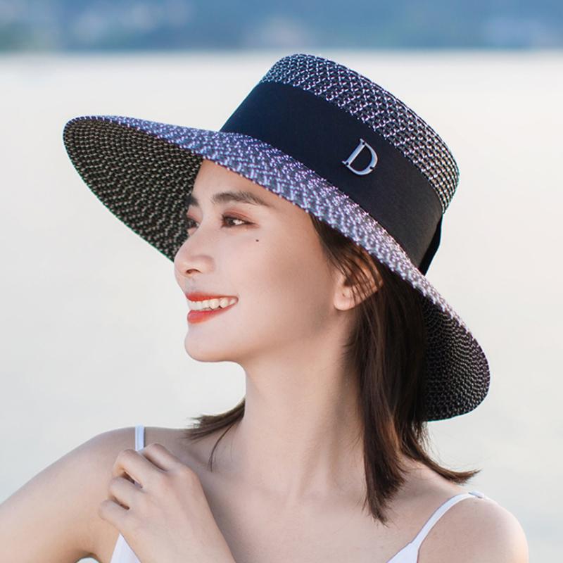 

Wide Brim Hats Handmade Weave D Letter Sun For Women Black Ribbon Lace Up Large Straw Hat Outdoor Beach Summer Caps, White