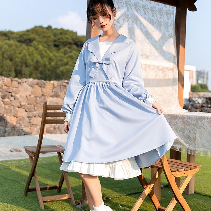 

Casual Dresses Japanese College Style Sweet Lolita Dress Vintage Sailor Collar High Waist Victorian Kawaii Girl Gothic Op Loli Cos, Blue