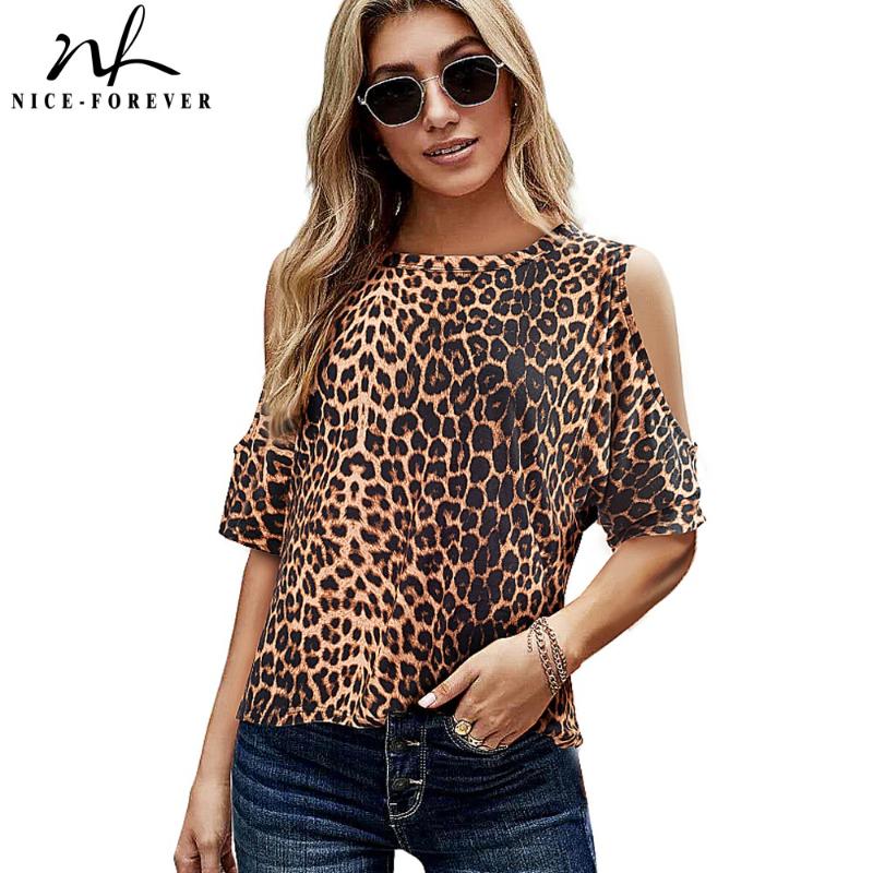 

Women's T-Shirt Nice-Forever Autumn Fashion Cold Shoulder Leopard T-shirts Loose Women Casual Tees Tops T054, Black