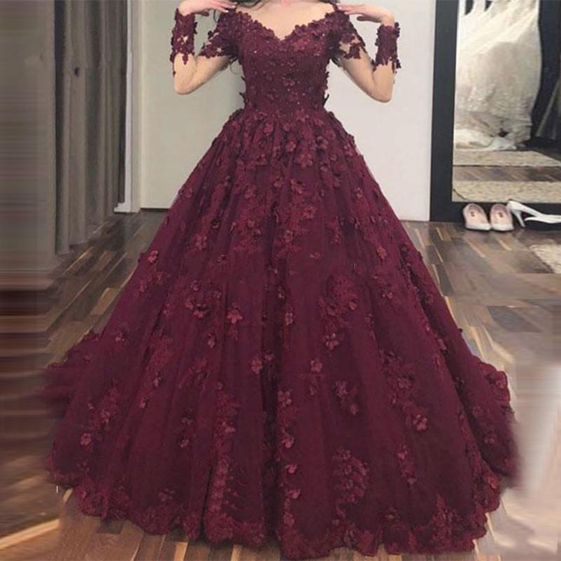 

Custom Burgundy Ball Gown Long Sleeves Lace Prom Dresses with Flower Appliques Sweep Train Tulle Formal Evening Party Gowns, Royal blue