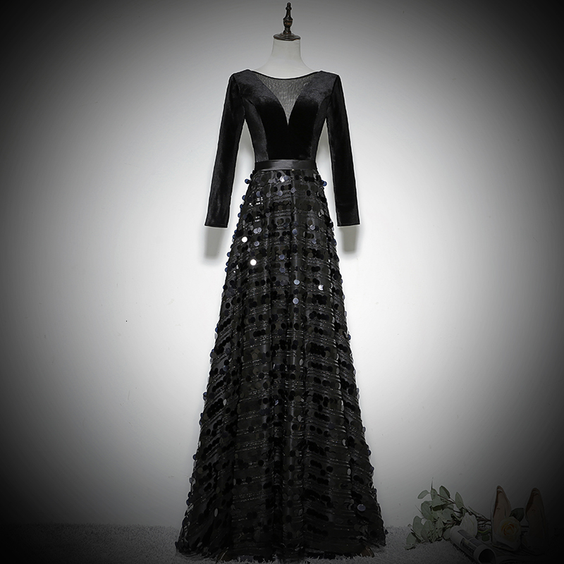 

Black Sequins Sexy V-neck Party Female Sleeve Stage Show Qipao Dress Velvet Elegant Celebrity Banquet Dresses De Dfok