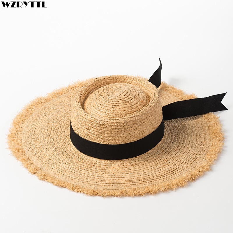 

2021 New Natural Raffia Hats Women Girl Summer Wide Brim Beach Black Band Ribbon Straw Hat Lady Derby Panama Sun Visor Cap R0ya