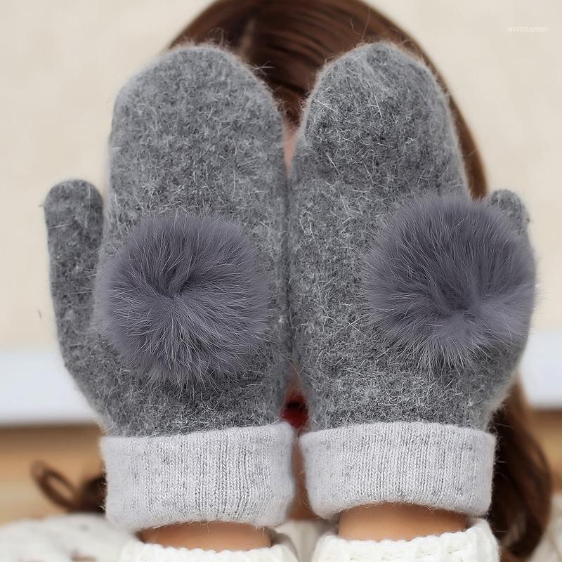 

Winter Wool Gloves Ladies Warm With Fur Ball Double Thick Mittens SA1521