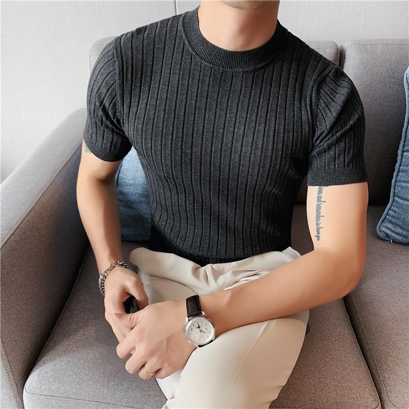 

Men's T-Shirts Summer Knitted T Shirt Men Thin Solid Color Half High Neck Striped Short-sleeved Slim T-shirt Streetwear Tops Tees White Blac, Dark grey