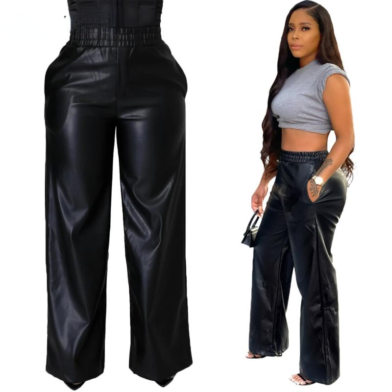 

Women's Pants & Capris Wide Leg Autumn And Winter Fashion Loose Personality Trend Solid Color Pocket PU Leather, Black;white