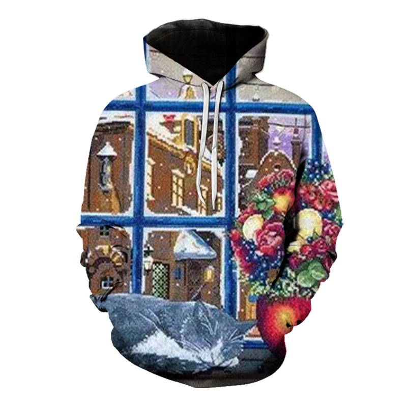 

Men's Christmas glass window pattern 3D printing long-sleeved hooded sweater, White;black