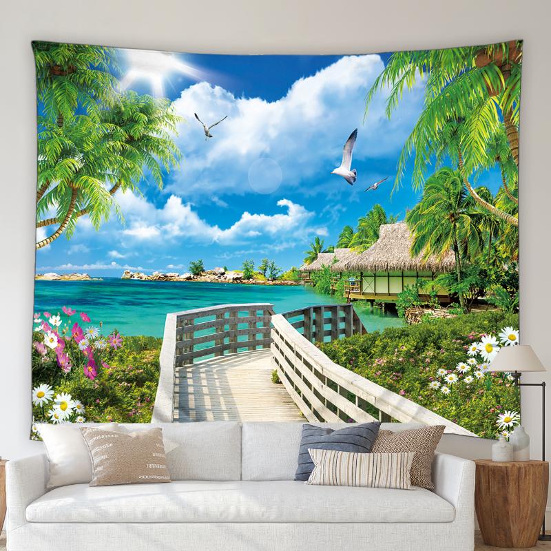 

Tapestries Natural Scenery Tapestry Ocean Beach Green Forest Palm Tree Plant Pink Flower Landscape Bedroom Living Room Wall Hanging Decor