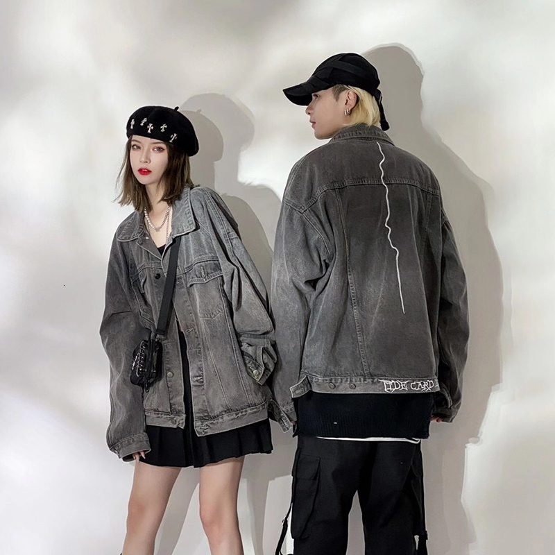 

2021 New High Street Retro Washed Embroidered Denim Jacket for Men and Women Loose Reflective Oversize Casual Jeans Coat 1srd, Dark grey