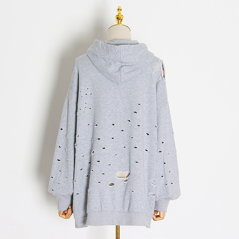 

Casual Loose Sweatshirt For Female Irregular Hooded Lantern Long Sleeve Ripped Hole Pullovers Women Fashion Clothes, Black
