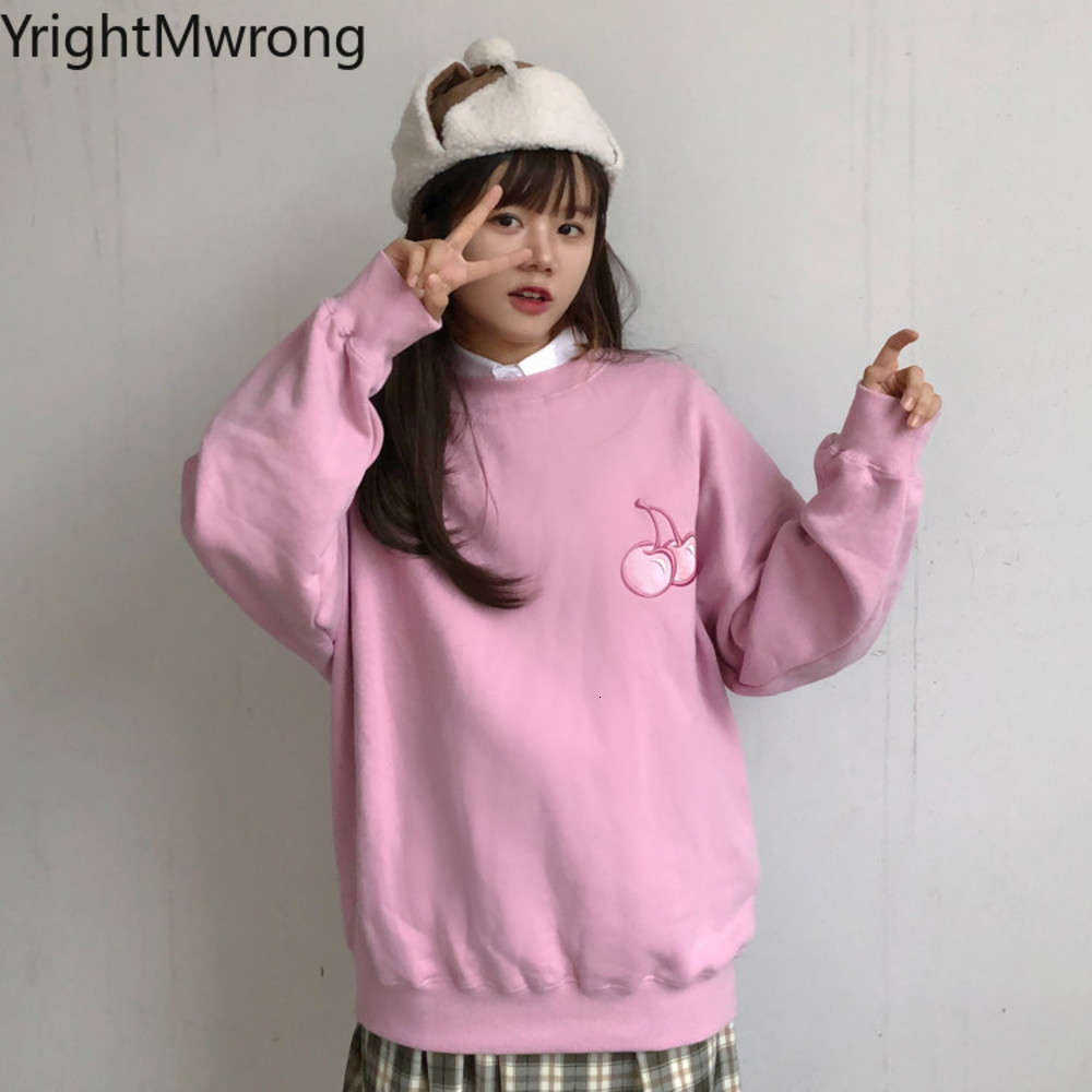 

Embroidery Cherry Lolita Sexy Oversized Long Sleeve Pink Sweatshirt Women Korean Japanese Pullover Hoodies Cute Top Fashion Fall, Black