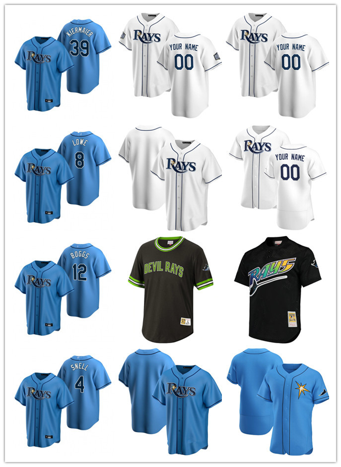 

Custom Jersey Mens women Youth Tampa Bay Rays 39 Kevin Kiermaier 4 Blake Snell 8 Brandon Lowe 12 Wade Boggs Baseball Jerseys, Blue;black