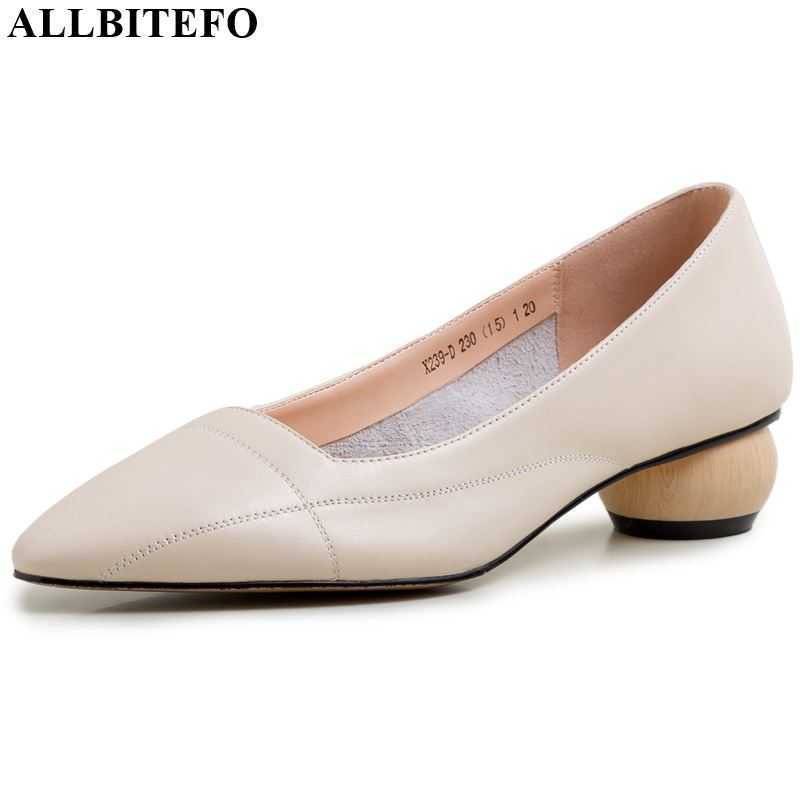 

ALLBITEFO natural genuine leather high heel shoes comfortable low-heeled office women heels elegant square toe high shoes 210611, As picture