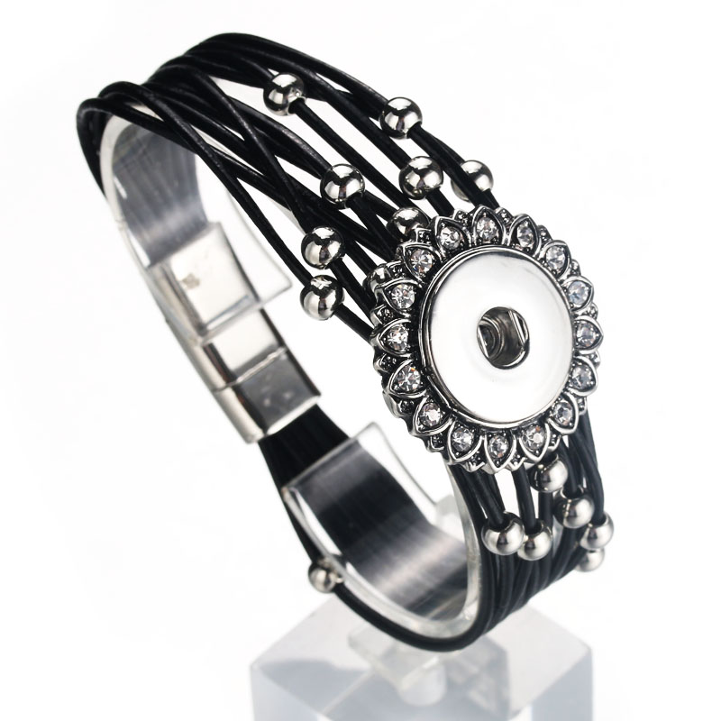 

Magnet Buckle Black Rhinestone Snap Bracelet Real Genuine Leather Bracelet Fit 18mm Snap Button Bracelet For Women Jewelry 9129, Golden;silver