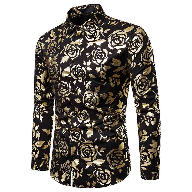 

Men Autumn Bronzing Flower Golden Rose Printed Long Sleeve Dress Shirt Wedding Party Slim Stage Performance Singer Shirts 210708, A68 black