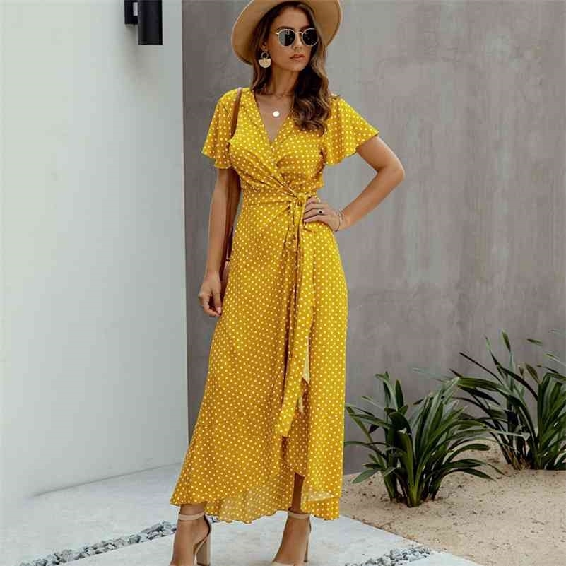 

Summer Maxi Dres Polka Dot Sexy V Neck Ruffles Short Sleeve Holiday Long Beach Sundress Ladies Lace Up Wrap Party Dresses 210719, F004
