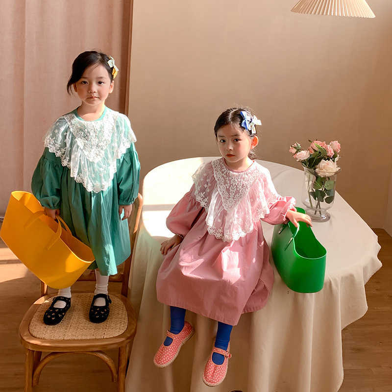 

Spring Lace Collar Dress For Kids Girls Cotton Long Sleeve Princess Dresses 210615, Green
