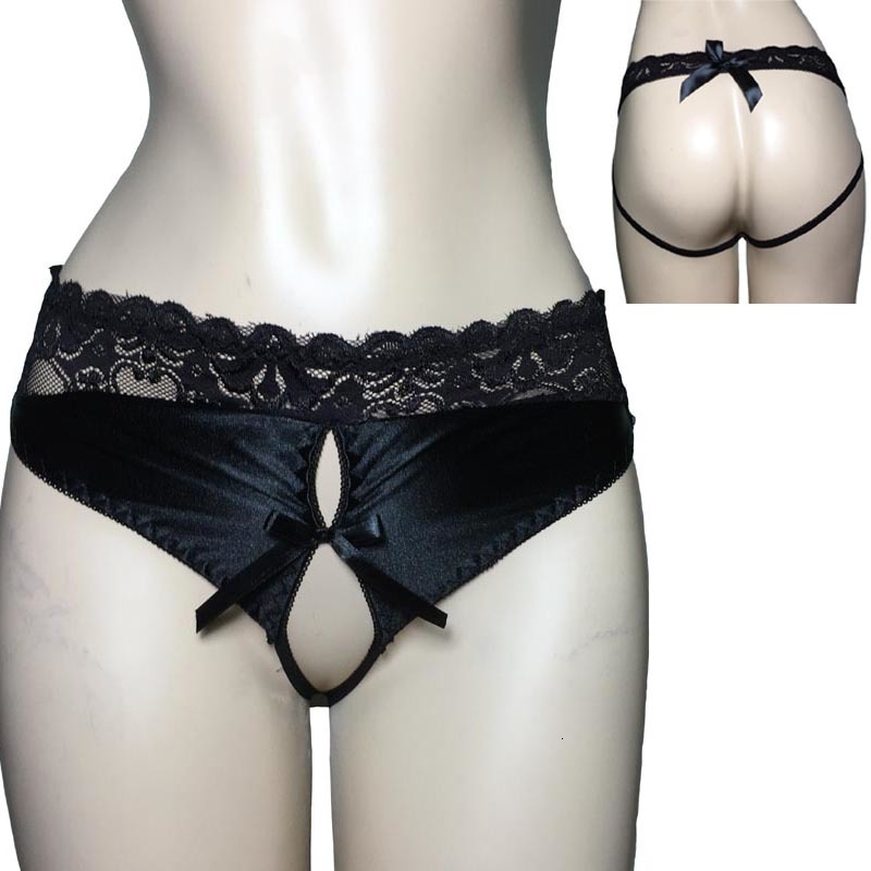 

Sexy Women Satin Lace Crotchless Open Butt Panties Jock Strap Bow T-back Knickers Bikini Underwear Erotic Lingerie, Black