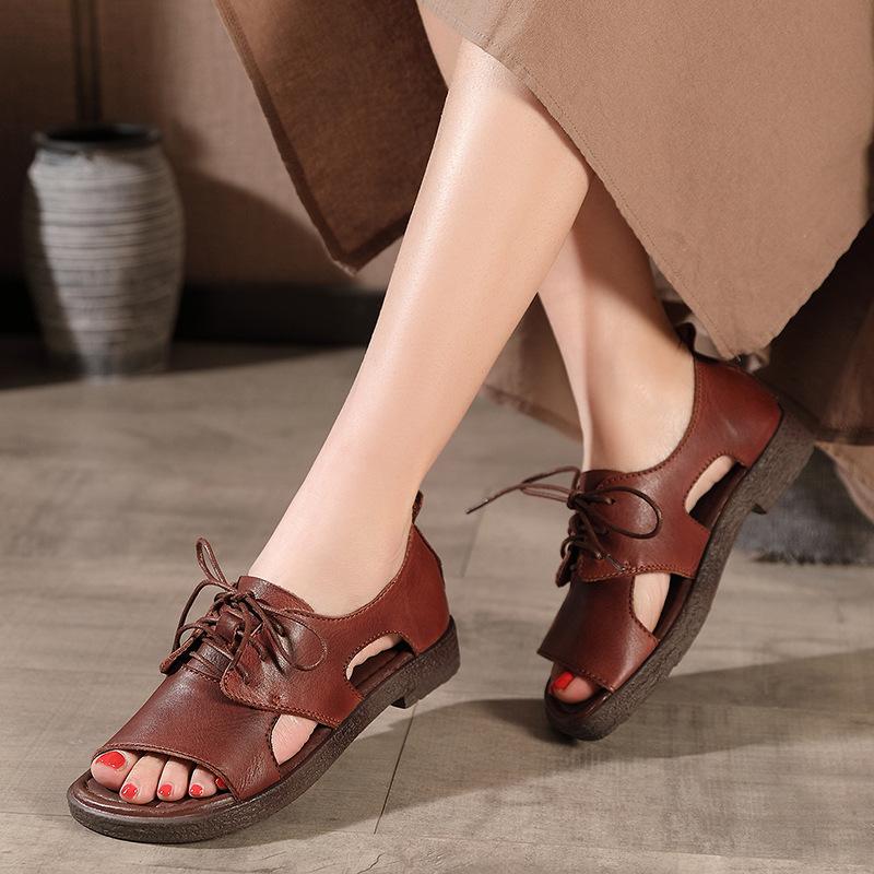 

Summer Shoes For Women Leather Sandals Low Heels Genuine Leather Handmade Women Sandals Retro Shoes Peep Toe Slip On 2021, Dark brown