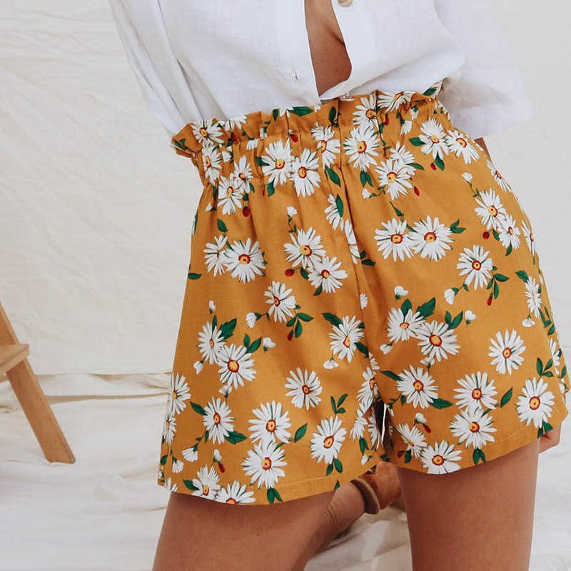 

Boho Floral Printed Summer Women Shorts Elastic Waist High Streetwear Lady Beach Shorts Plus Size W261 210526, Yellow