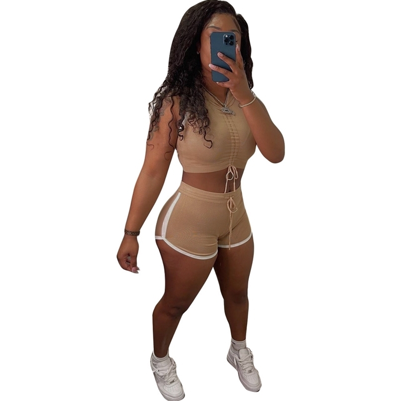 

Tracksuit Women Two Piece Outfits Matching Sets Gym Clothing Stacked Sleeveless Hoodies Crop Top Biker Shorts Fitness Streetwear 210525, Khaki