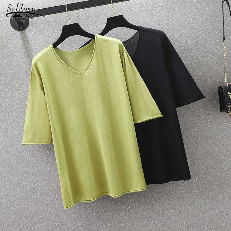 

Summer Fashion Chic V-neck Shirt Women Shirts Woman Thin Knitted Blouse Shirt Short Sleeve Pullover Tops Femme 13593 210527, Black