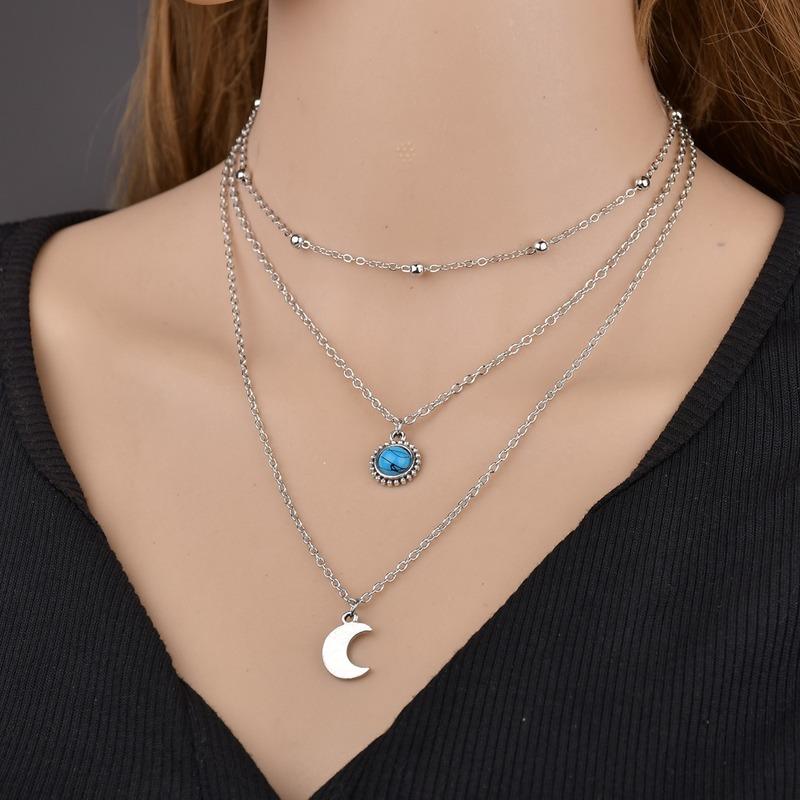 

Pendant Necklaces Vintage Multilayer Crystal Necklace Women Gold Color Beads Moon Crescent Chain Bohemia Female Choker Jewelry
