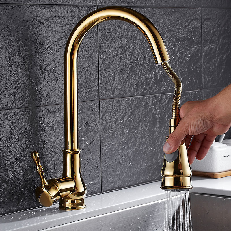 

2021 New Faucets Gold Sink Faucet Pull Out Hole Single Handle Swivel Water Mixer Kitchen Tap Pbbj
