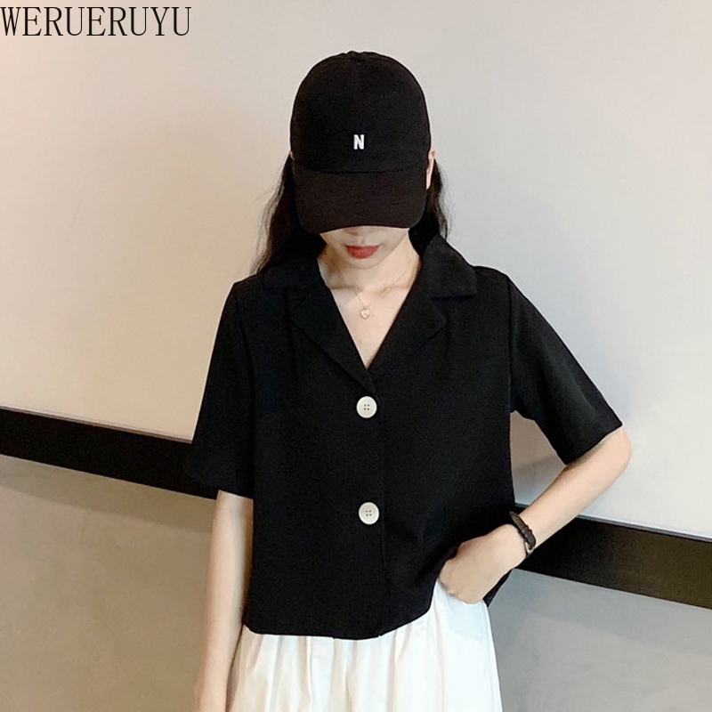 

WERUERUYU Women Short Sleeve Elegant Shirt Black Sexy Button Vintage Blouse R Ladies Shirts Female Casual 210608, Photo color