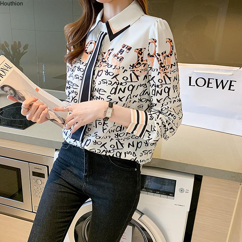 

Women's Blouses & Shirts Autumn Shirt Long Sleeve Tops Letter Print Blouse Girl Chiffon Casual Fashion Lady Loose, White