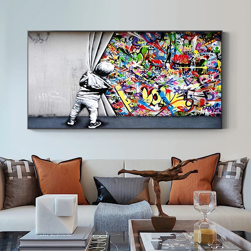 

Behind The Curtain Canvas Paintings Graffiti Street Art Banksy Graffiti Art Cuadros Wall Art Pictures for Living Room Home Decor Cuadros (No Frame)
