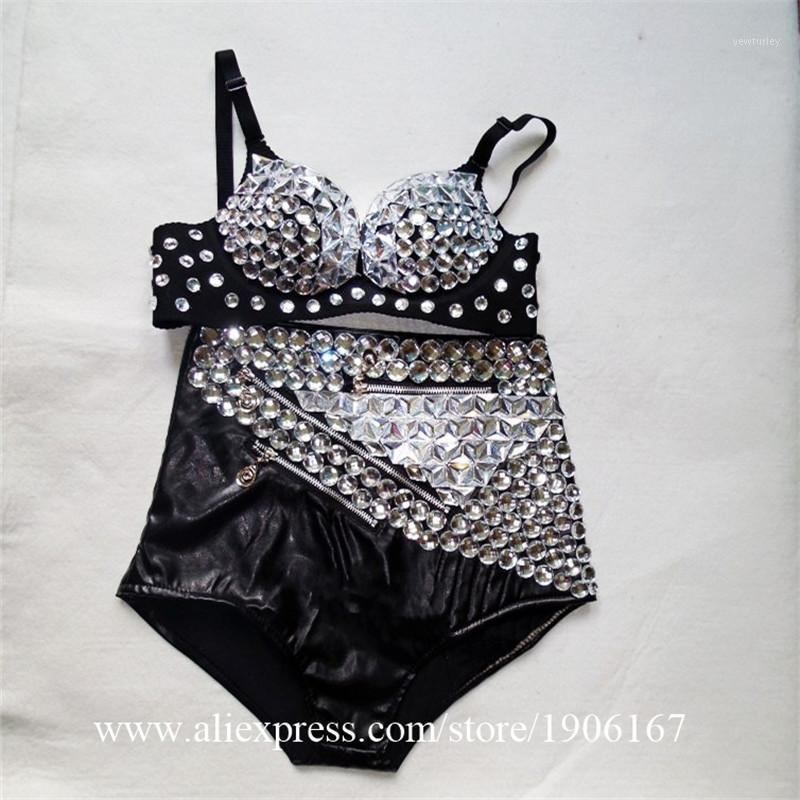 

Party Decoration Sexy Lady Shiny Sequined Bra Rhinestone Short Nightclub Evening Mirror Outfit Stage Performance DJ Dancer DS Clothes