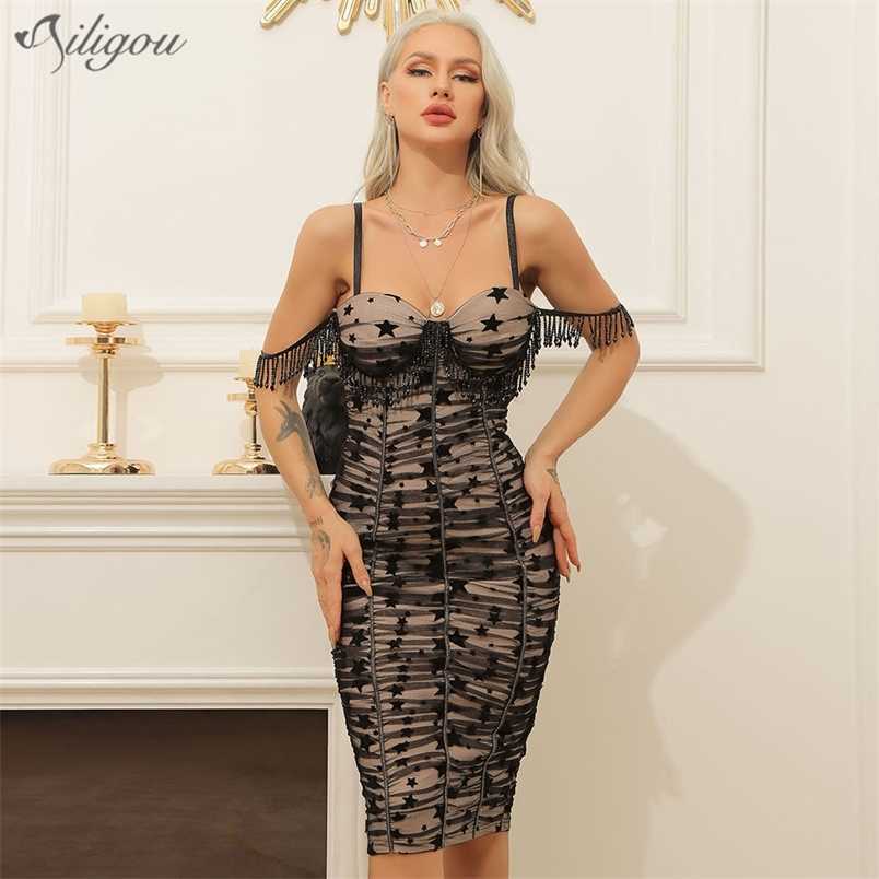 

Summer Women'S Five-Pointed Star Print Beaded Tassel Mesh Spaghetti Strap Tight Bandage Dress Sexy Party 210525, Black