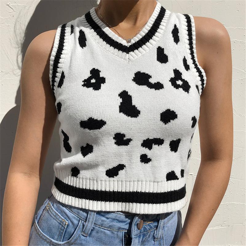 

Women's Sweaters Women Spring Autumn Classic Sweater Vest Trendy Cow Print Sleeveless V Neck Rib Knit Pullover Crop Tops Casual Winter Warm, White;black
