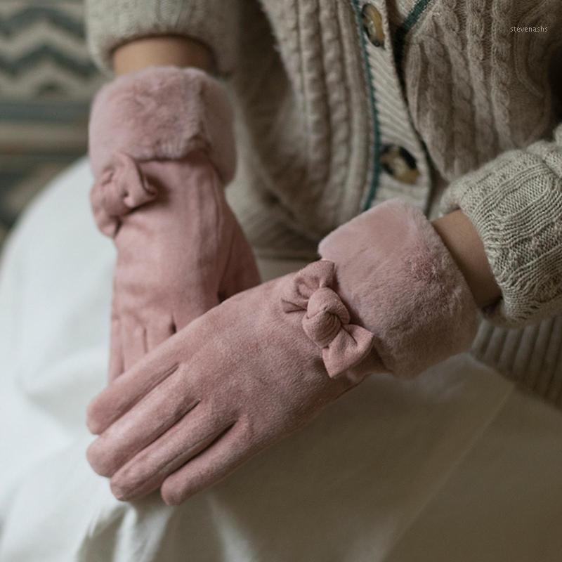 

Five Fingers Gloves Women Autumn Winter Cute Furry Warm Mitts Full Finger Mittens Outdoor Sport Female Luvas Fashion Bow