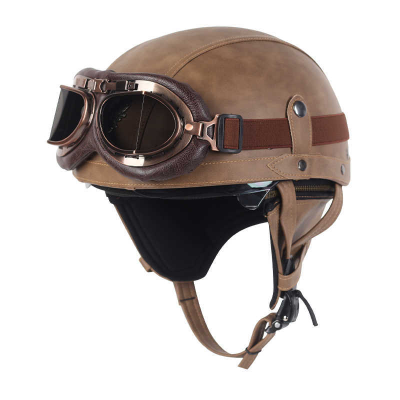 

Half Face Open Face Motorcycle Helmet Leather Vintage Casco Moto Motorcycle Retro Half Helmet Chopper Biker For Man Q0630, B8