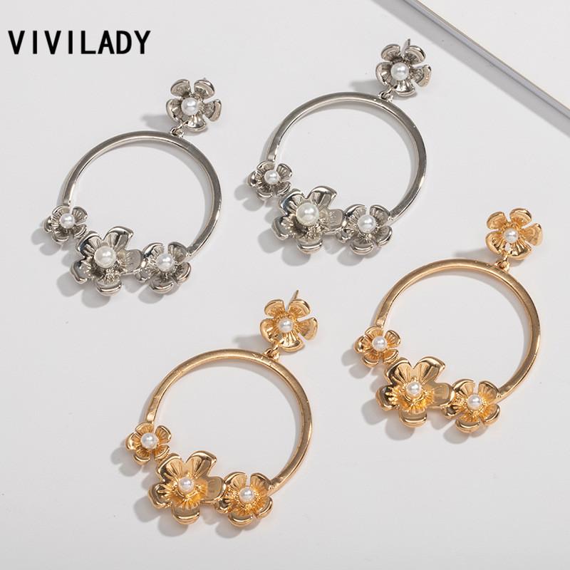 

Dangle & Chandelier VIVILADY Korea Stylish Bright Gold Color Twisted Metal Imitation Pearls Flowers Drop Earrings For Bridal Wedding Earring
