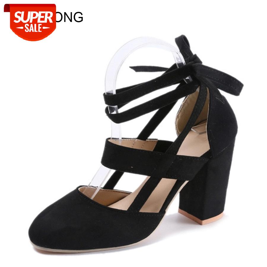 

LCIZRONG 10CM Summer Fashion Flock High Square Heel Sandals Women Large Size Cross-tied Sexy Sandals Rome Ladies Spring #jP1s, Black