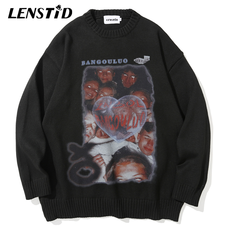 

LENSTID Men Hip Hop Knitted Jumper Sweaters People Heart Print 2021 Streetwear Harajuku Autumn Oversize Casual Fashion Pullovers, Black