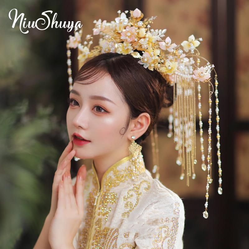 

Hair Clips & Barrettes NiuShuya Tradition Chinese Luxury Gold Pink Flower Garland Bridal Crowns Phoenix Coronet Headpiece Wedding Accessorie, Golden;silver
