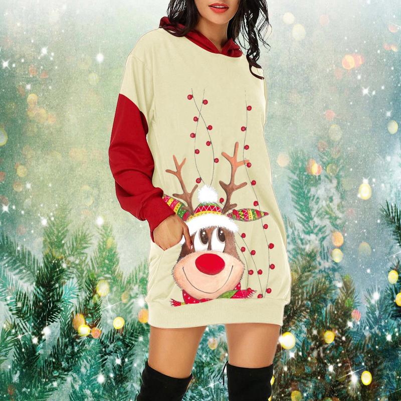 

Casual Dresses Elk Deer Printed Hoodie Women Bag Hip Pocket Print Christmas Dress Long Sleeves Sweatshirts Lady Vestidos, Black;gray