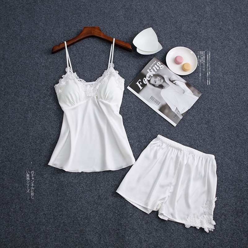 

White 2pcs Pajamas Lady Sexy Neck Wrinkle Jacket Up & Shorts Front Satan Turklin Home to Wear a Flower Trim Dress Contest Mucp