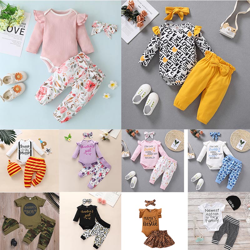 

65 styles Baby Girls Boy 3 Piece sets Flowers Print Romper + Pant headband Infant kids Clothing set, 13