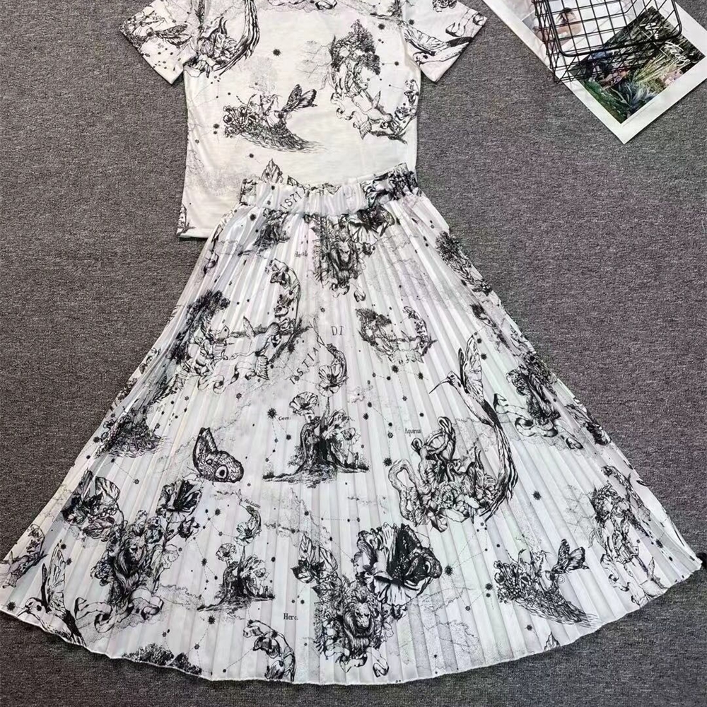 

Free shipping 2021 designer new ladies dress elastic waist printing suit fashion all-match24, White