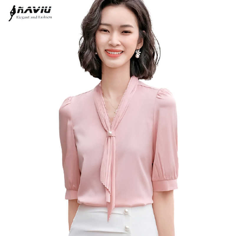 

Professional Temperament Half Sleeve Shirt Women Summer Pink Chiffon V Neck Blouses Office Ladies Formal Work Tops 210604