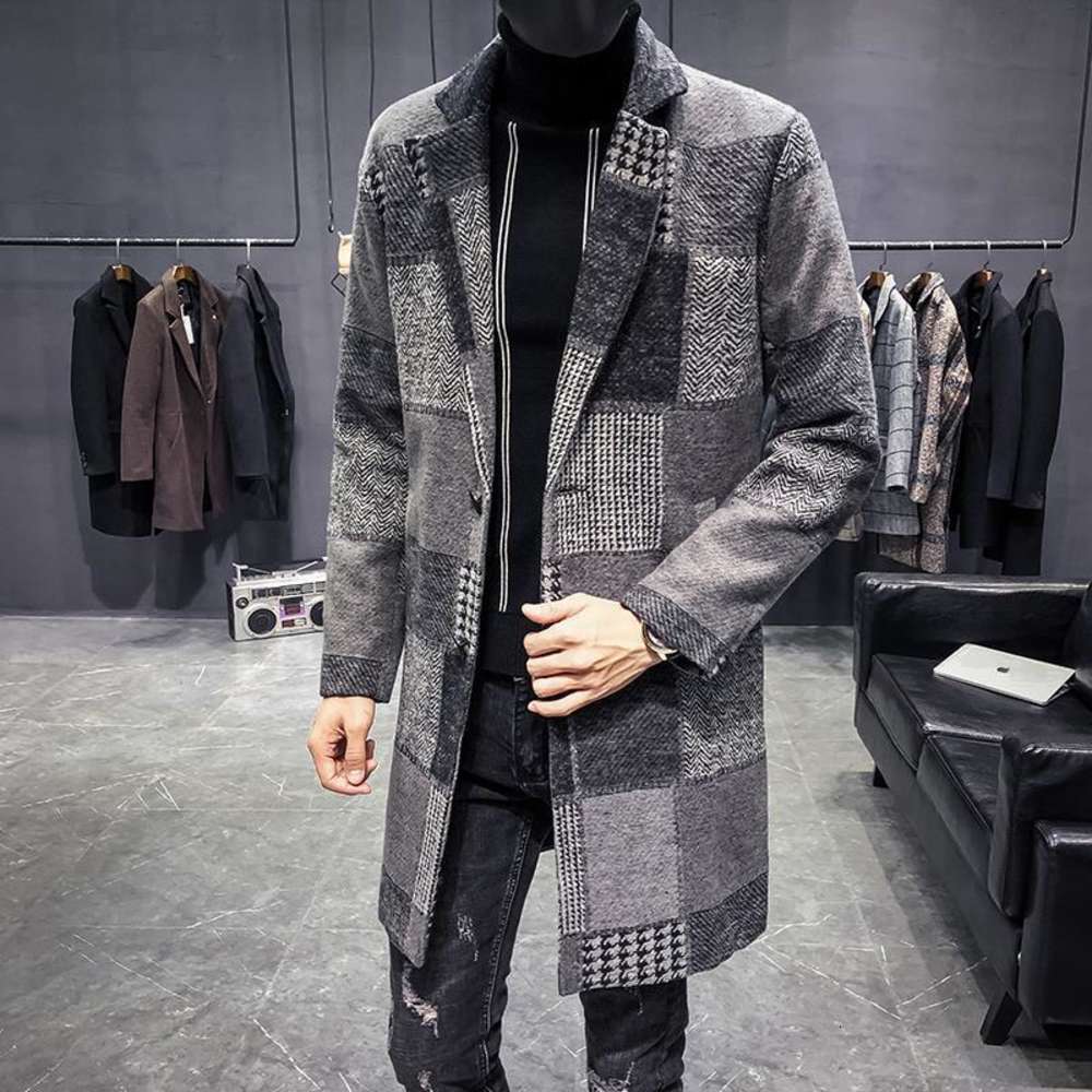 

coat Winter Plaid windbreaker men's mid long slim and handsome casual tweed, Black