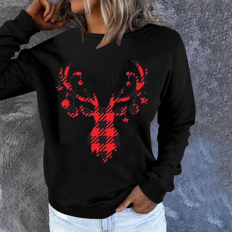 

Women's Hoodies & Sweatshirts Women Hoodie Christmas Plaid Elk Head Printed Fleece Long Sleeve O Neck Loose Sweatshirt Girls Pullovers Winte, Black