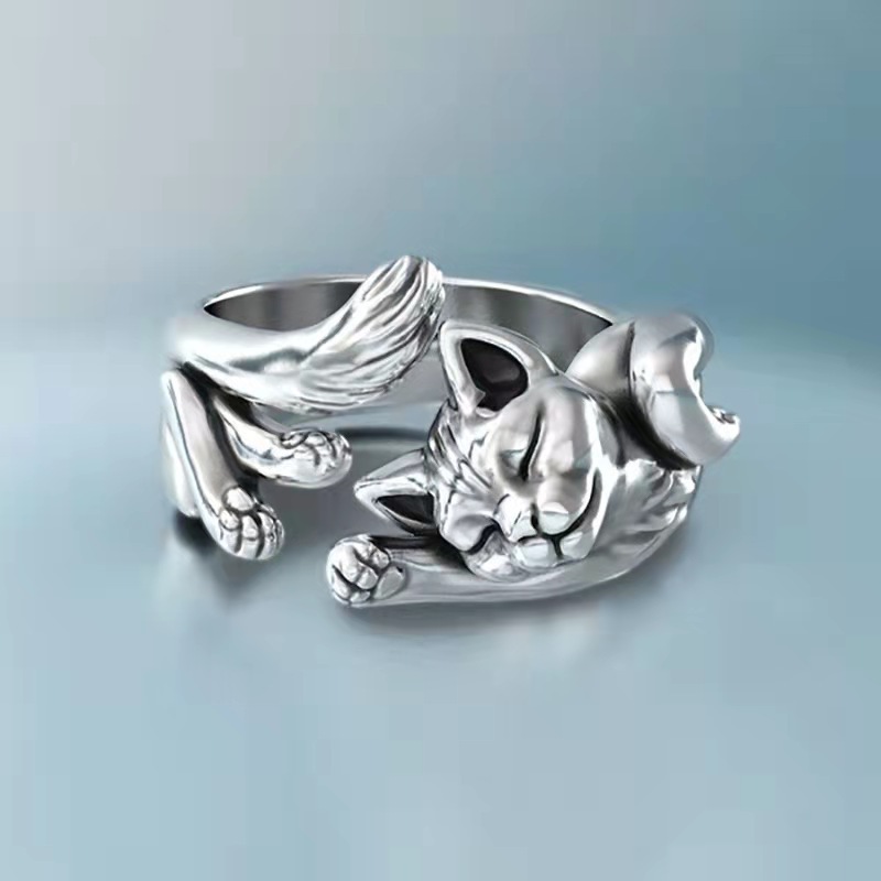 New 925 Silver Cute Animal Cat Adjustable Ring Silver Wedding Rings Women Jewelry Gifts-image-663988406